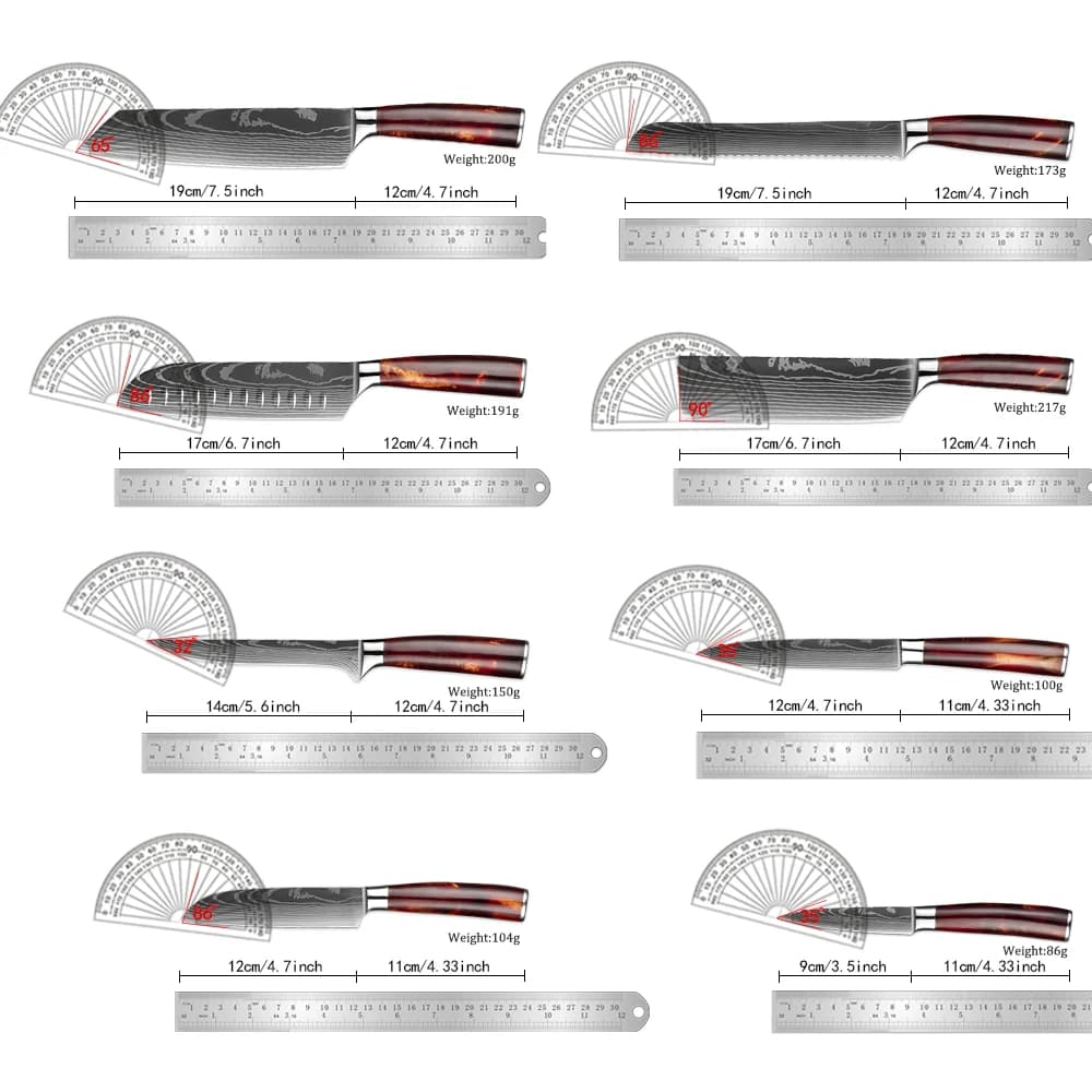 Asahi 朝日川 Damascus Pattern Stainless Steel Kitchen 8 Knife Set