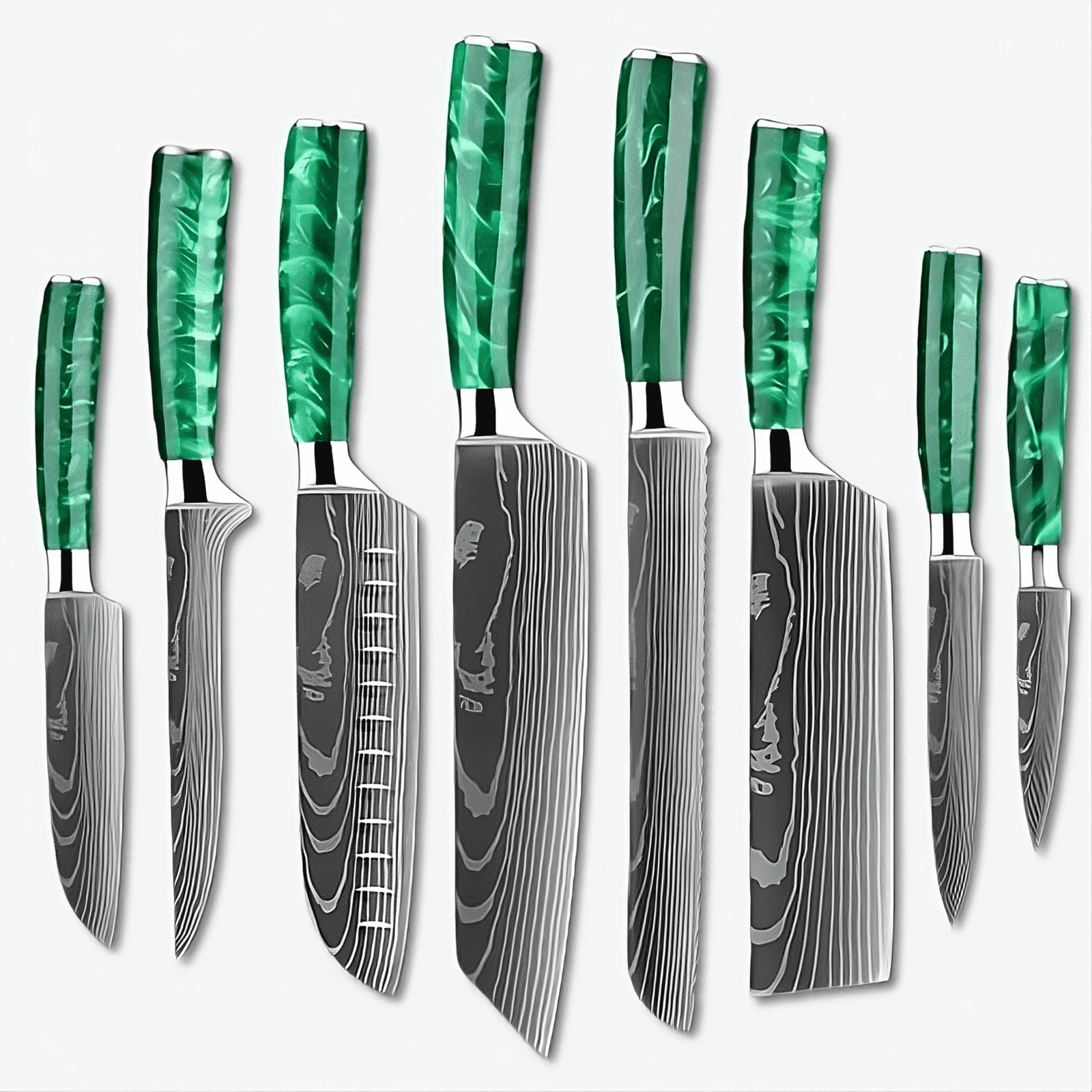 Kitakami 北上川 Damascus Pattern Stainless Steel Kitchen 8 Knife Set