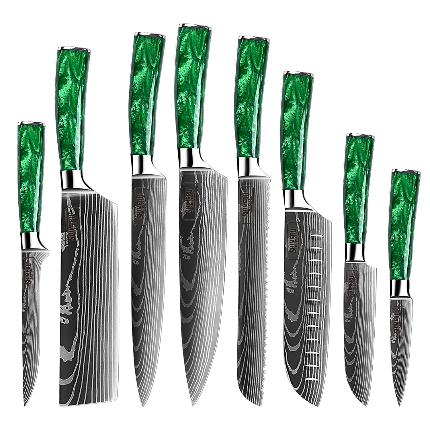 Kitakami 北上川 Damascus Pattern Stainless Steel Kitchen 8 Knife Set