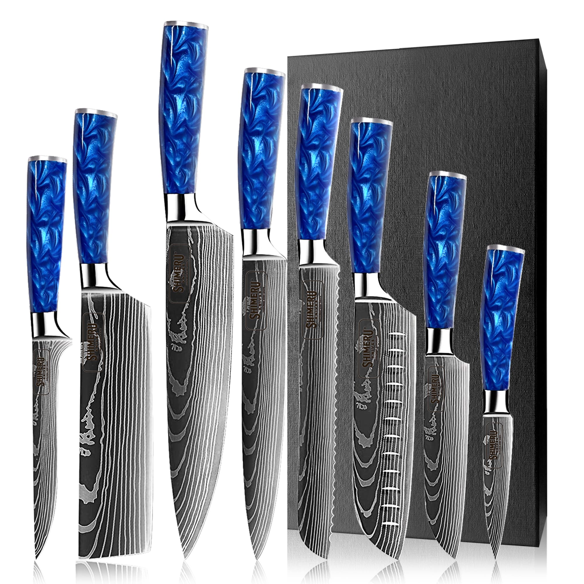 Shinano  信濃川 Damascus Pattern Stainless Steel Kitchen 8 Knife Set