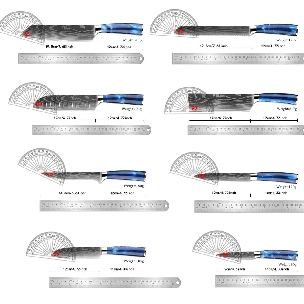Shinano  信濃川 Damascus Pattern Stainless Steel Kitchen 8 Knife Set