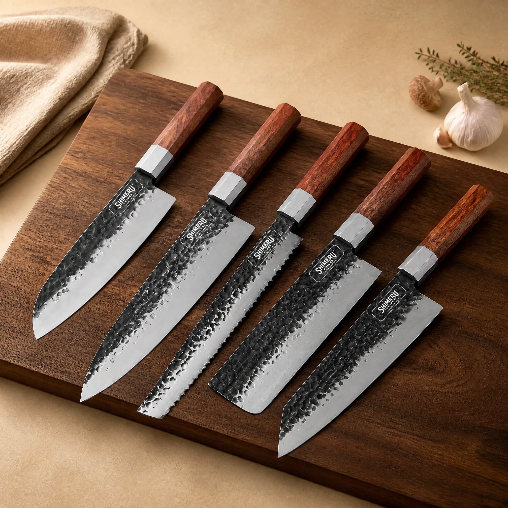 The Shimeru range of Damascus Japanese kitchen knives