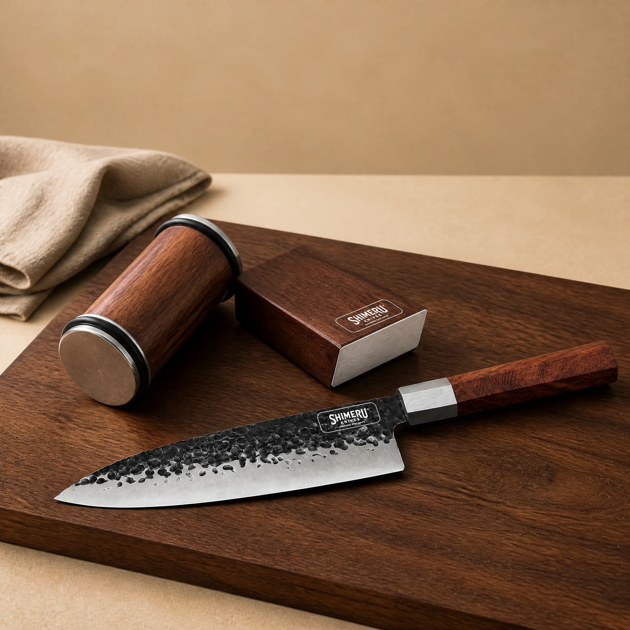 Shimeru magnetic rolling knife sharpener with a Damascus knife