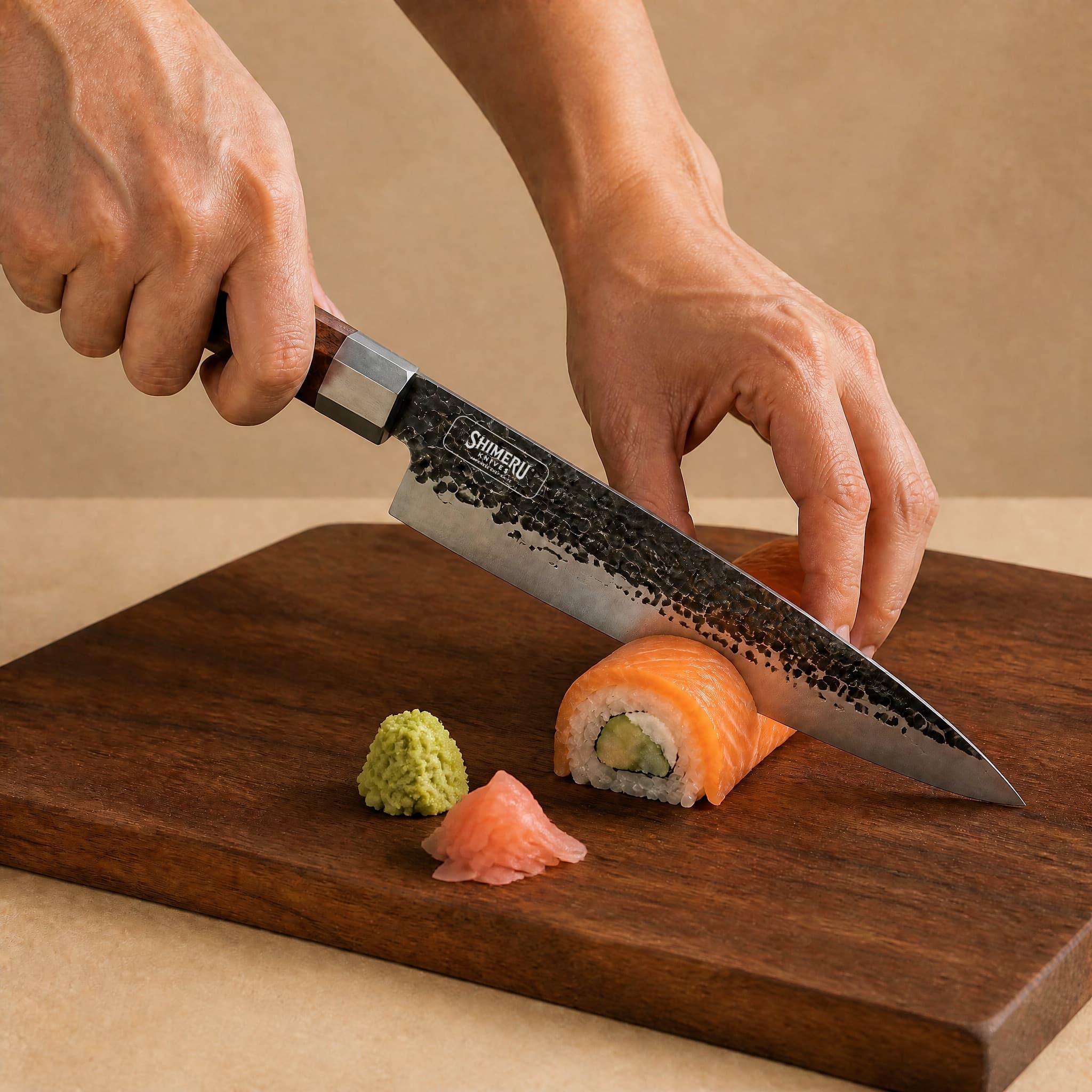 Slicing salmon sushi with a Shimeru gyuto knife