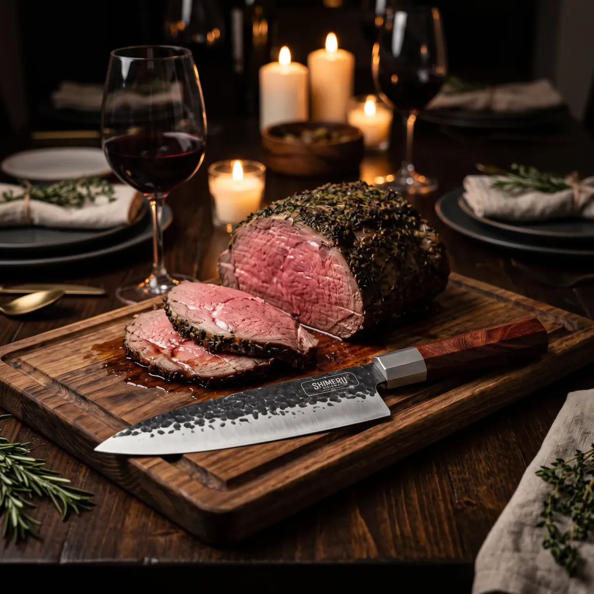 Sendai 8" Steel Gyuto Knife on a carving board beside sliced roast beef at a candlelit dinner
