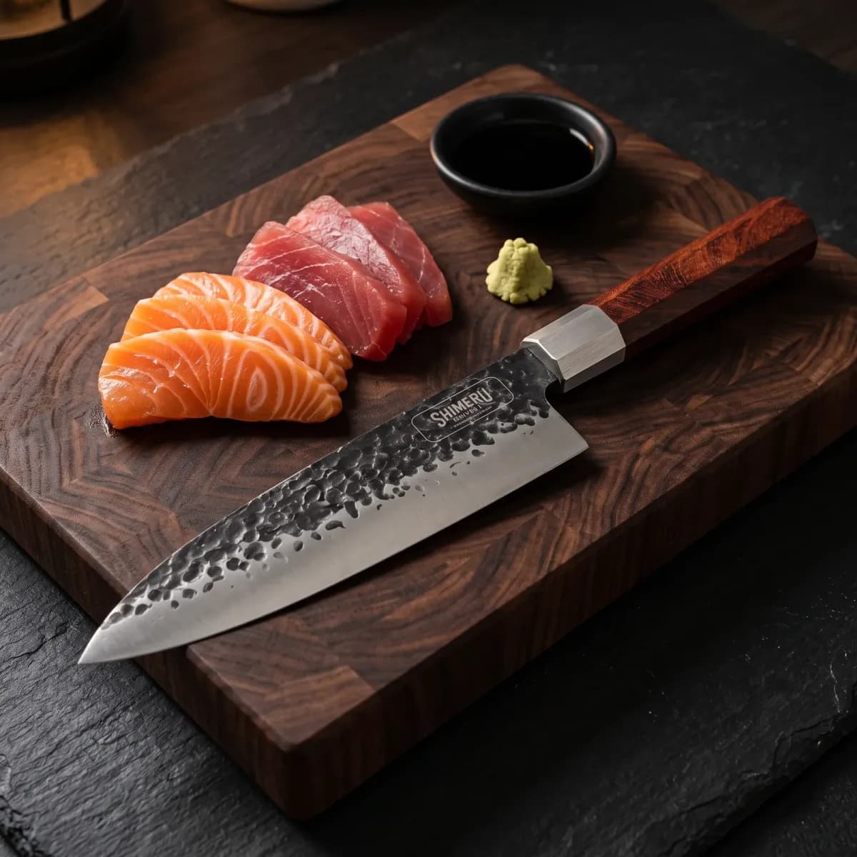 Sendai 8" Steel Gyuto Knife beside sliced salmon and tuna sashimi