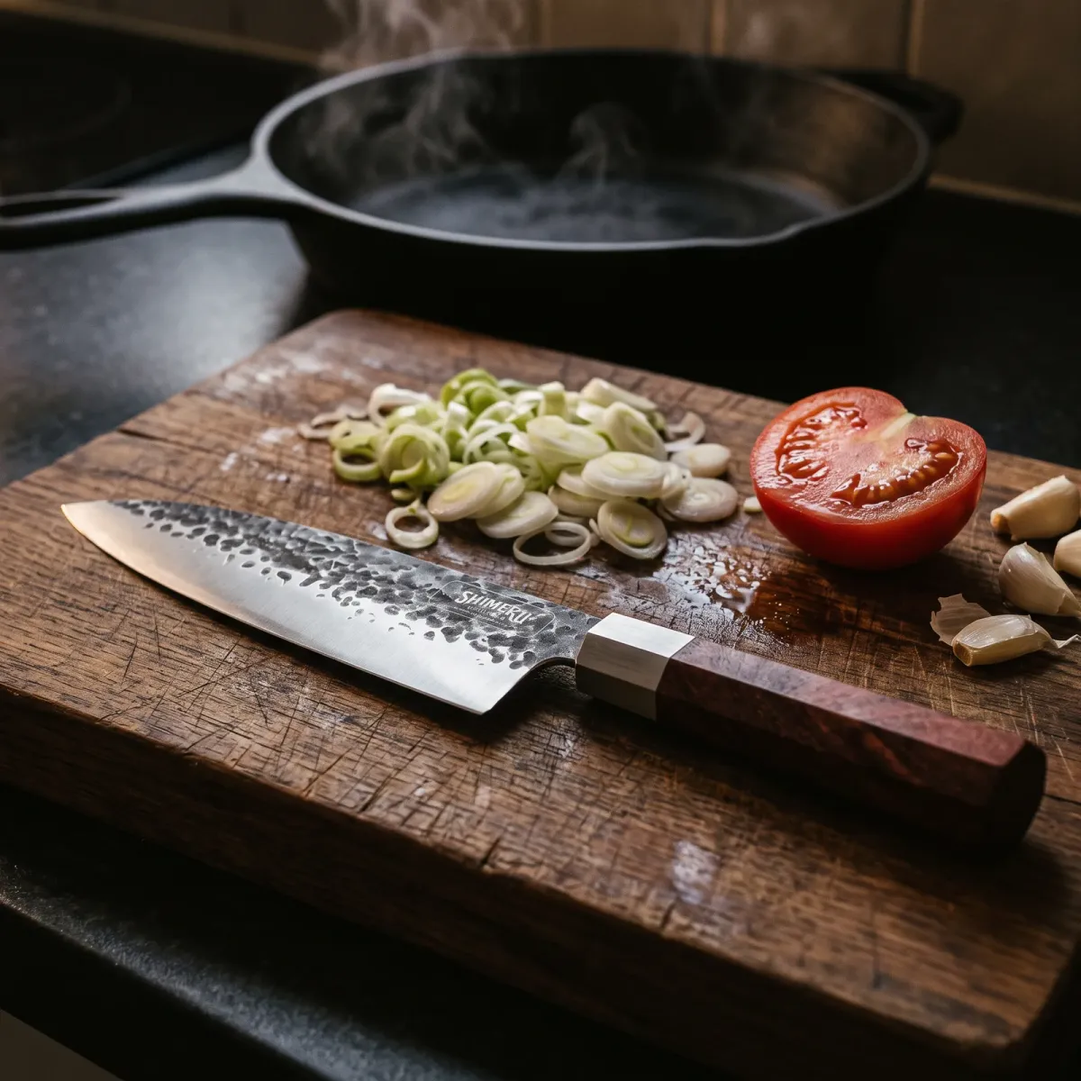 Sendai 8" Steel Gyuto Knife on an oak board with spring onions, tomato and garlic