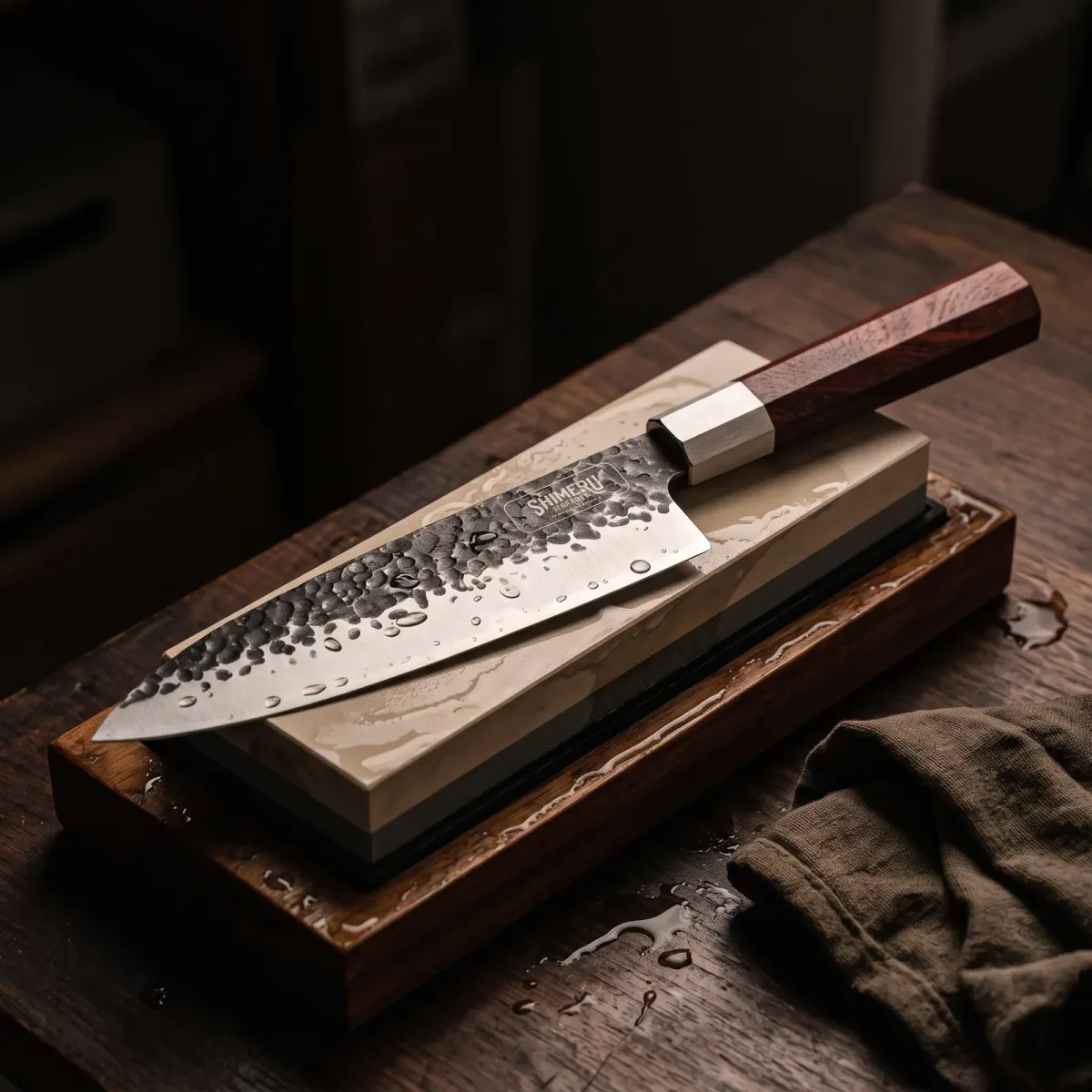 Sendai 8" Steel Gyuto Knife being sharpened on a wet whetstone