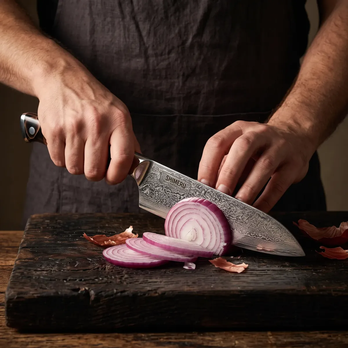 Hayama 7 Damascus Steel Santoku Knife slicing a red onion paper thin