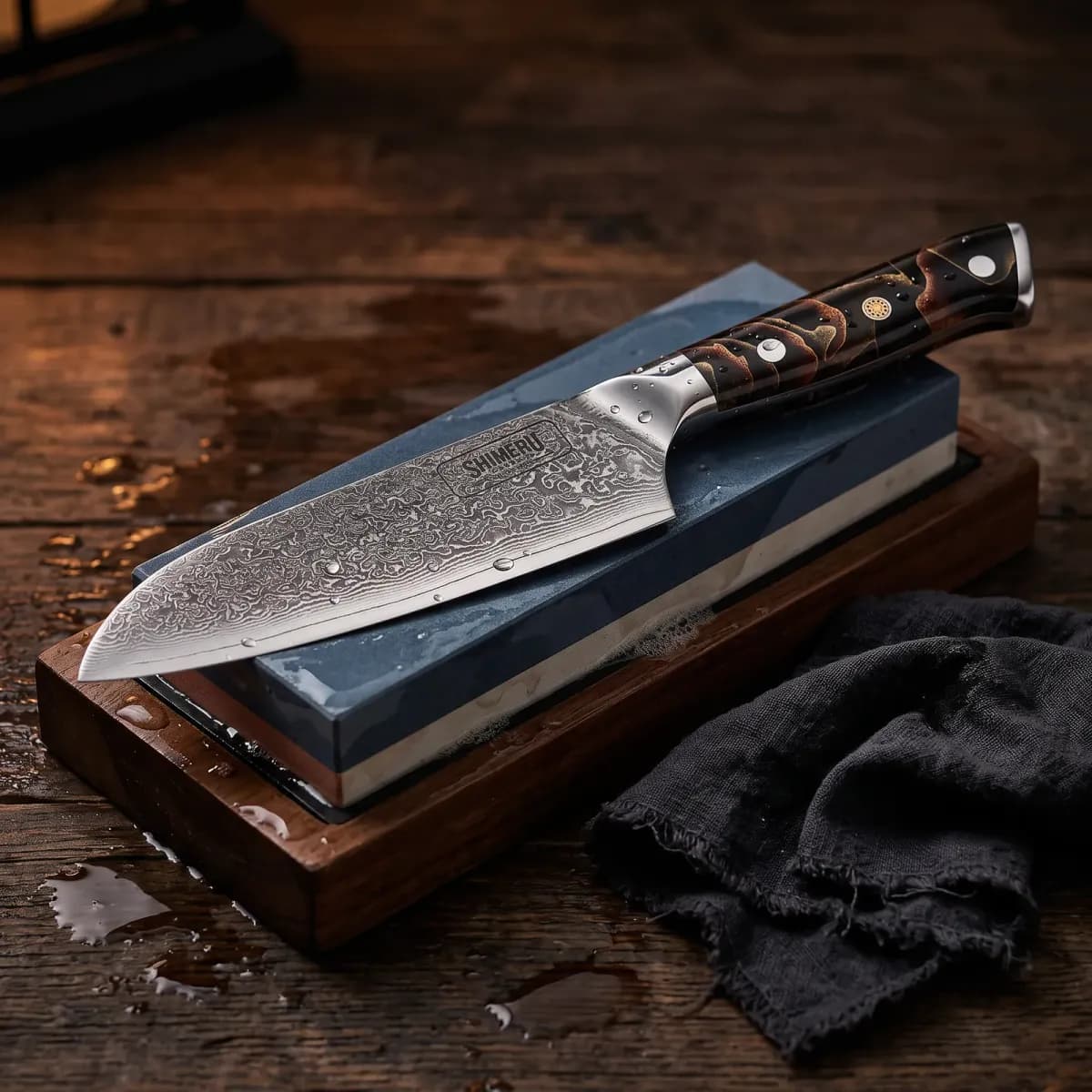 Hayama 7 Damascus Steel Santoku Knife being sharpened on a wet whetstone
